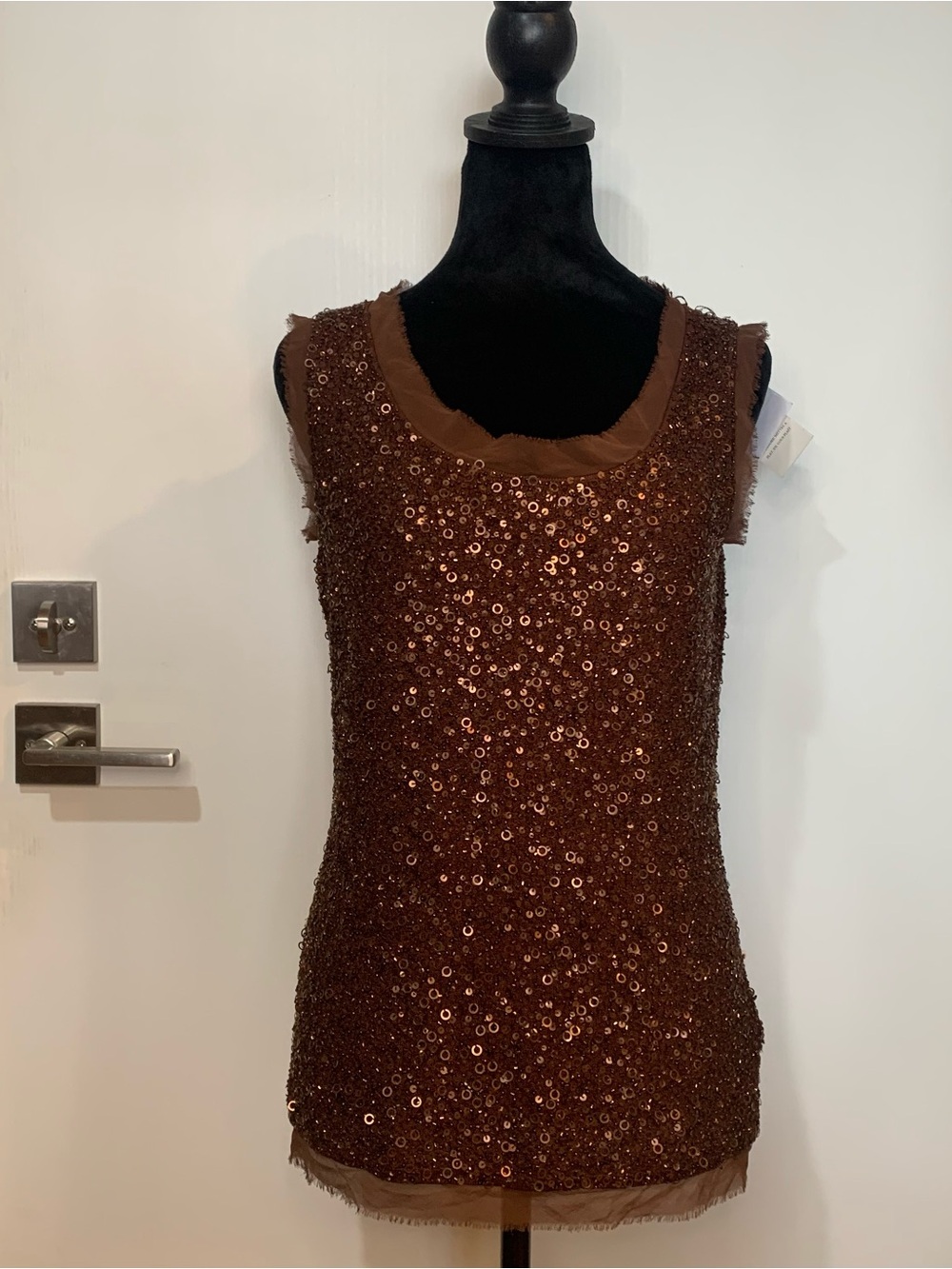 Dana Buchman NWT Med. 100% Silk Sleeveless Sequin Tank Top w Frayed Sheer Trim